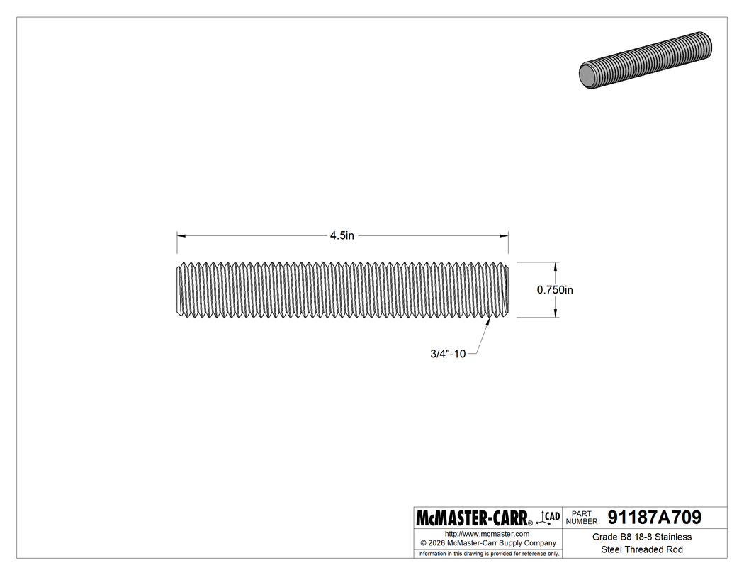 Technical Drawing of Grade B8 18-8 Stainless Steel Threaded Rod, 3/4"-10 Thread Size, 4-1/2" Long.